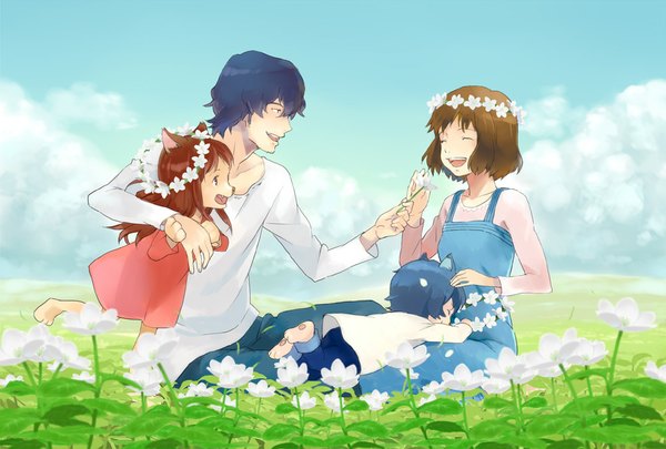 Anime picture 1000x676 with ookami kodomo no ame to yuki hana (ookami kodomo) yuki (ookami kodomo) ame (ookami kodomo) ookami otoko (ookami kodomo) habuki long hair short hair open mouth smile brown hair sitting brown eyes blue hair looking away sky cloud (clouds) eyes closed barefoot hair flower
