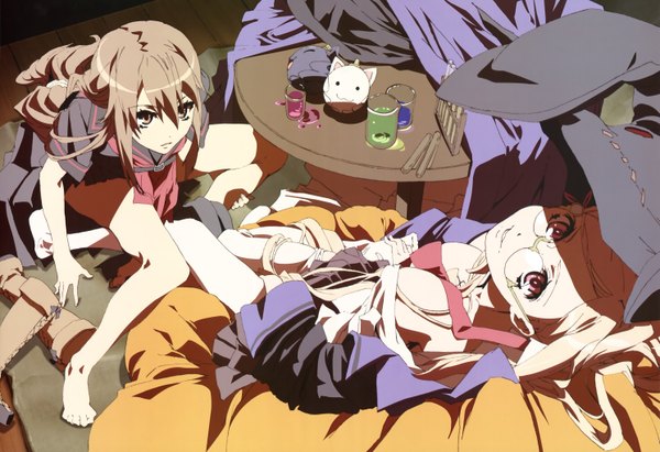 Anime picture 5957x4088 with ookami-san to shichinin no nakama-tachi j.c. staff megami magazine ookami ryouko majolica le fay highres light erotic blonde hair red eyes brown hair multiple girls brown eyes absurdres barefoot official art witch messy room girl 2 girls glasses