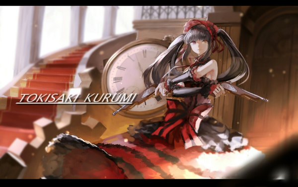 Anime picture 1527x957 with date a live tokisaki kurumi zpm single long hair looking at viewer black hair red eyes twintails bare shoulders holding yellow eyes light smile sunlight heterochromia letterboxed crossed arms sunbeam lolita fashion dual wielding
