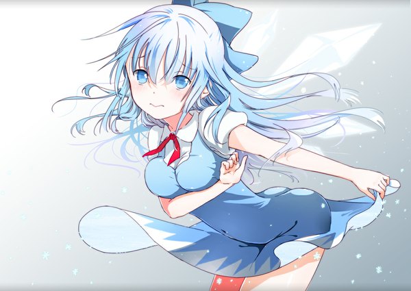 Anime picture 1000x709 with touhou cirno yamada ranga single long hair looking at viewer blue eyes blue hair snowing winter alternate hairstyle alternate hair length girl dress bow hair bow