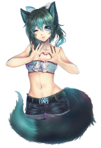 Anime picture 1300x1908 with original rimapichi single long hair tall image looking at viewer fringe blue eyes simple background hair between eyes standing white background animal ears tail parted lips animal tail one eye closed green hair midriff fox ears