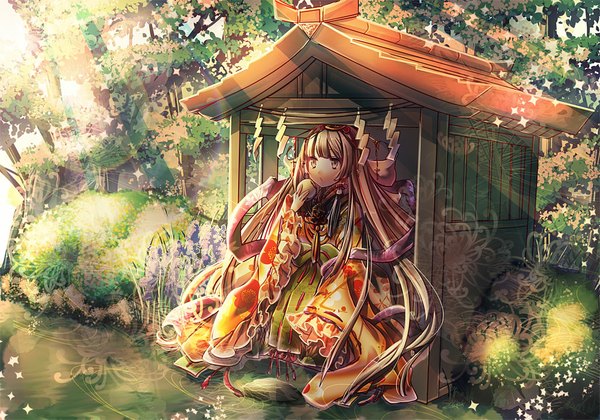 Anime picture 1000x700 with original suou sakura single brown hair sitting brown eyes very long hair traditional clothes japanese clothes eating girl hair ornament flower (flowers) plant (plants) tree (trees) food forest shrine