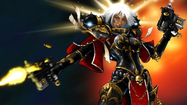 Anime picture 1280x720 with warhammer 40k juder single short hair blue eyes wide image white hair light smile facial mark light scar casing ejection girl weapon armor gun chain skull pistol shell casing