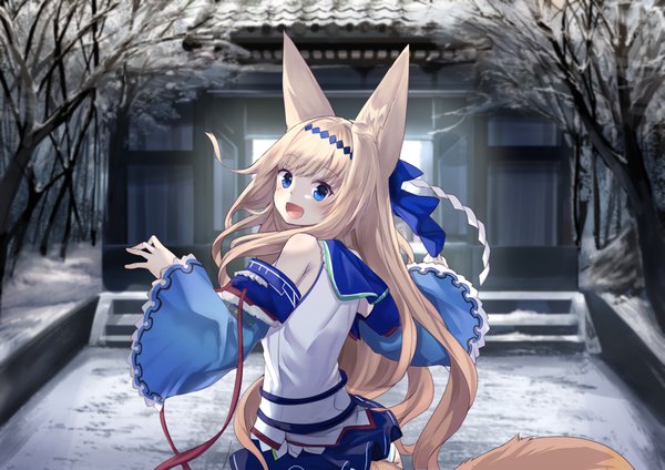 Anime picture 4093x2894 with original haik single long hair looking at viewer blush fringe highres open mouth blue eyes light erotic blonde hair smile animal ears absurdres outdoors tail traditional clothes :d japanese clothes