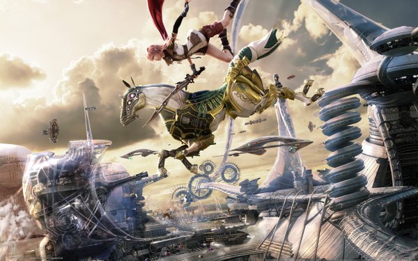 Anime picture 2560x1600 with final fantasy final fantasy xiii square enix highres wide image realistic city mechanical girl weapon animal sword armor aircraft horse airship