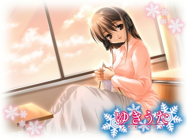 Anime picture 1280x960 with yukiuta fujimi setsuna fumio (ura fmo) single long hair fringe hair between eyes brown hair sitting brown eyes wallpaper copyright name knitting girl window snowflake (snowflakes) pajamas