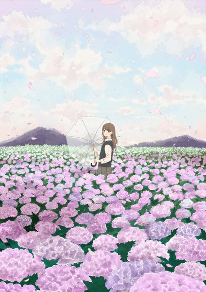 Anime picture 2480x3507 with original hinao (flowerrabbit2348) single long hair tall image looking at viewer blush highres smile brown hair standing holding brown eyes sky cloud (clouds) long sleeves pleated skirt wind mountain field