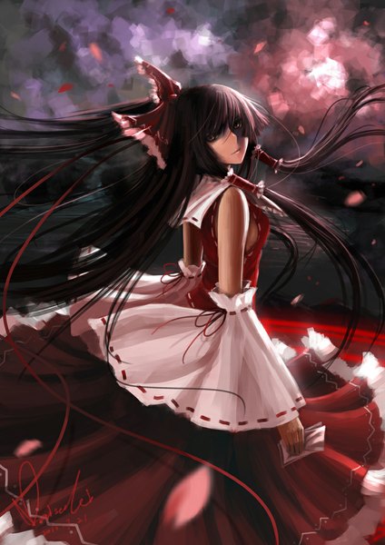 Anime picture 800x1132 with touhou hakurei reimu maisaki single long hair tall image looking at viewer black hair bare shoulders brown eyes signed traditional clothes miko girl bow hair bow detached sleeves ofuda
