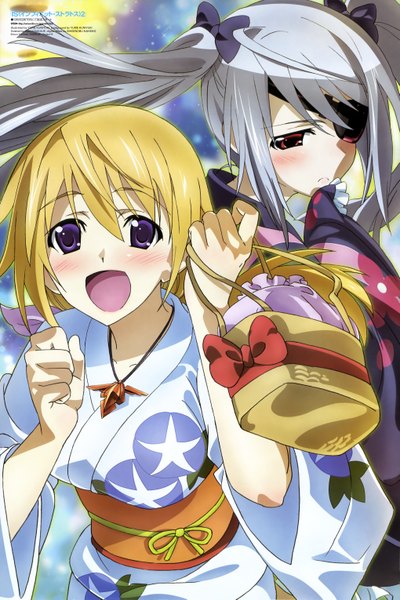 Anime picture 4075x6114 with infinite stratos 8bit charles dunois laura bodewig long hair tall image blush highres open mouth blonde hair red eyes purple eyes twintails multiple girls absurdres silver hair traditional clothes japanese clothes scan official art