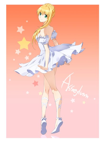 Anime picture 1200x1650 with aldnoah.zero a-1 pictures asseylum vers allusia isf single long hair tall image looking at viewer fringe blonde hair smile bare shoulders green eyes looking back legs character names framed ballerina girl dress