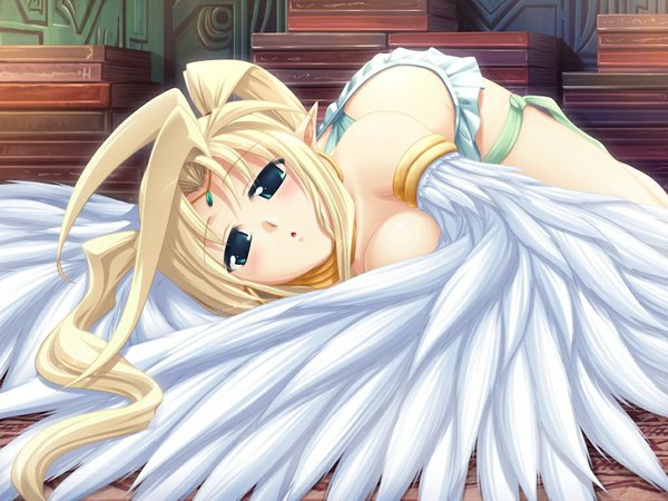 Anime picture 1024x768 with ikusa megami zero (game) light erotic blonde hair green eyes game cg pointy ears girl wings
