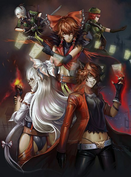 Anime picture 766x1032 with touhou hakurei reimu konpaku youmu fujiwara no mokou hong meiling chen dantewontdie long hair tall image looking at viewer short hair red eyes brown hair multiple girls brown eyes green eyes animal ears white hair red hair cat ears