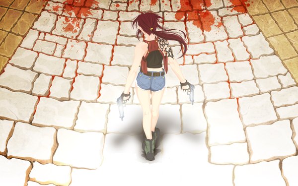 Anime picture 2560x1600 with black lagoon madhouse revy (black lagoon) highres brown hair wide image tail from behind girl gloves weapon shorts fingerless gloves