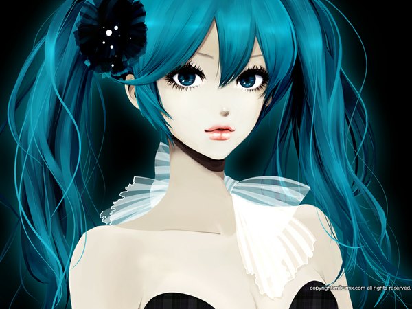 Anime picture 1024x768 with vocaloid hatsune miku long hair looking at viewer fringe blue eyes hair between eyes twintails bare shoulders payot aqua hair inscription sleeveless black background portrait girl hair ornament bow