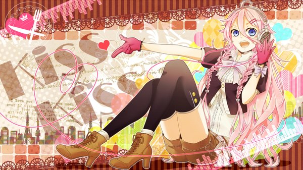 Anime picture 2048x1152 with vocaloid ia (vocaloid) gari (artist) single long hair highres open mouth blue eyes wide image pink hair braid (braids) twin braids heart of string girl thighhighs gloves hair ornament black thighhighs shorts heart