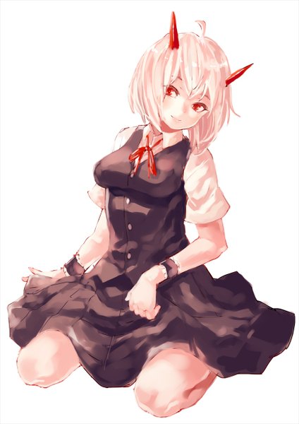 Anime picture 868x1228 with original arios (orochi yuta) single tall image looking at viewer fringe short hair breasts simple background smile red eyes white background sitting pink hair bent knee (knees) pleated skirt horn (horns) kneeling girl skirt