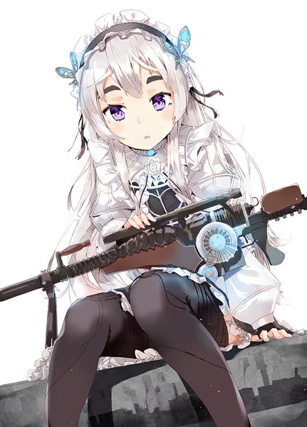 Anime picture 719x1000 with hitsugi no chaika studio bones chaika trabant yukizumi remon single long hair tall image looking at viewer blush open mouth simple background white background sitting purple eyes white hair girl thighhighs dress hair ornament flower (flowers)