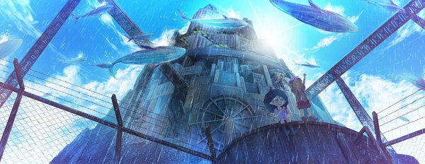 Anime picture 1525x591 with original nanc wide image cloud (clouds) sunlight rain building (buildings) umbrella fish (fishes) child (children) barbed wire