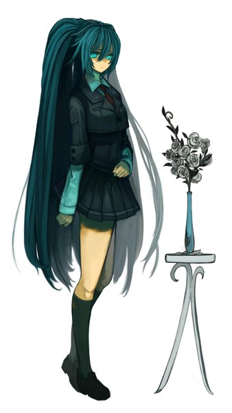 Anime picture 2101x3732 with vocaloid hatsune miku ukai saki single tall image highres white background twintails very long hair aqua eyes aqua hair girl thighhighs skirt rose (roses) table