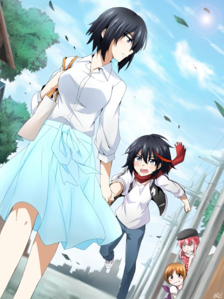 Anime picture 1800x2400 with kill la kill studio trigger matoi ryuuko kiryuuin satsuki jakuzure nonon mankanshoku mako kago-tan tall image blush highres short hair open mouth blue eyes black hair multiple girls payot pink hair sky cloud (clouds) multicolored hair