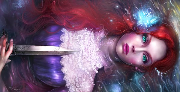 Anime picture 2756x1417 with the little mermaid disney ariel libera single long hair looking at viewer blush highres wide image red hair lying hair flower aqua eyes wavy hair girl dress hair ornament flower (flowers) weapon