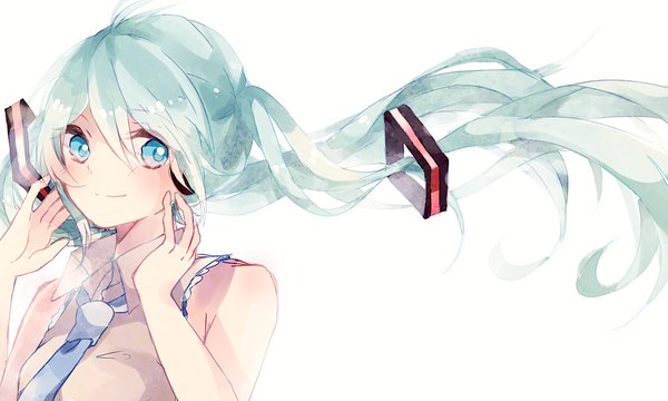 Anime picture 1200x720 with vocaloid hatsune miku lemon honey1013 single long hair blush blue eyes simple background smile wide image white background twintails bare shoulders looking away aqua hair girl