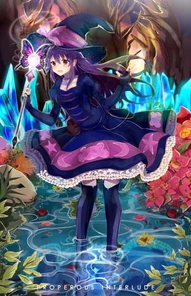Anime picture 2000x3087 with kagura kurosaki single long hair tall image blush highres open mouth smile red eyes purple hair inscription magic starry sky print girl thighhighs dress flower (flowers) bow black thighhighs plant (plants)