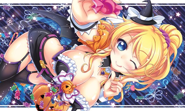 Anime picture 1200x720 with love live! school idol project sunrise (studio) love live! ayase eli shirakawako long hair blush breasts blue eyes light erotic blonde hair smile wide image large breasts one eye closed wink halloween girl thighhighs skirt