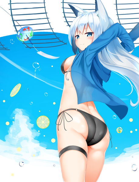 Anime picture 1000x1309 with original kurotobi rarumu single long hair tall image looking at viewer blush fringe breasts blue eyes light erotic smile hair between eyes animal ears sky silver hair cloud (clouds) ass looking back wind