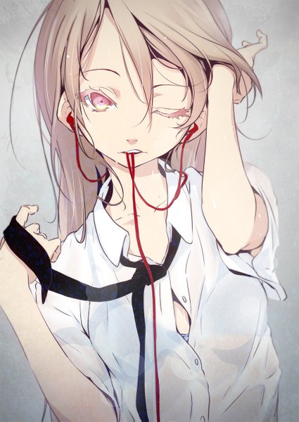 Anime picture 900x1271 with original nilitsu single tall image short hair blonde hair simple background one eye closed pink eyes wink grey background girl shirt necktie white shirt headphones transparent clothing wire (wires)