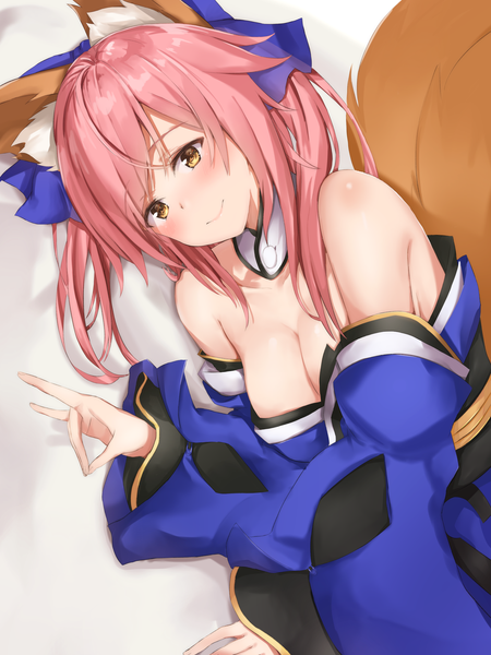 Anime picture 1620x2160 with fate (series) fate/extra tamamo (fate) (all) tamamo no mae (fate) maosame single tall image looking at viewer blush short hair breasts light erotic smile large breasts twintails animal ears yellow eyes pink hair tail lying