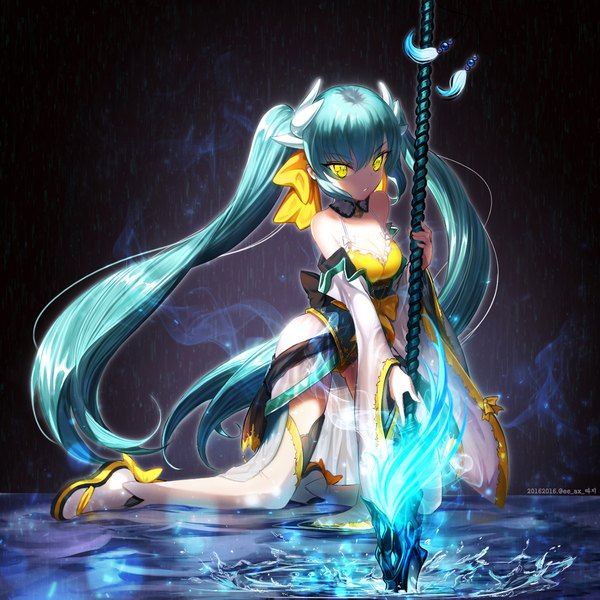 Anime picture 1150x1150 with fate (series) fate/grand order kiyohime (fate) kiyohime (swimsuit lancer) (fate) ttaji (pass35) single long hair fringe highres light erotic hair between eyes twintails holding signed yellow eyes payot looking away upper body traditional clothes japanese clothes