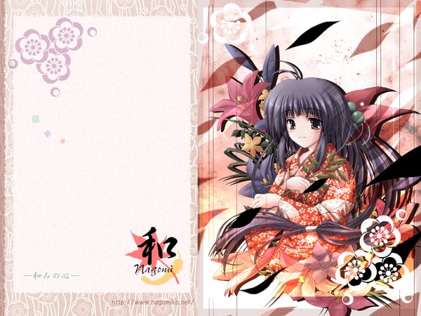 Anime picture 1600x1200 with original nagomi single long hair blush fringe signed purple hair ahoge traditional clothes japanese clothes light smile wind black eyes girl flower (flowers) plant (plants) kimono