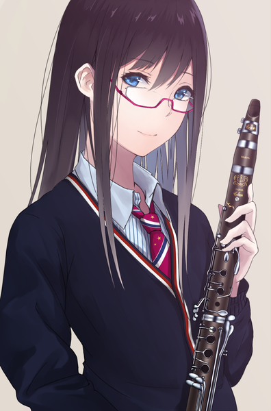Anime picture 1090x1648 with original saitou (lynx-shrike) single long hair tall image looking at viewer fringe blue eyes simple background smile brown hair holding upper body open collar brown background girl glasses necktie musical instrument clarinet