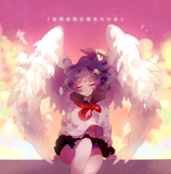 Anime picture 1000x1014 with inhye single long hair tall image blush sitting blue hair sky bent knee (knees) eyes closed light smile wind evening sunset leg lift (legs lift) angel wings shirt lift skirt flip girl thighhighs