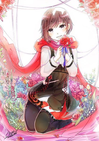 Anime picture 620x877 with rwby rooster teeth ruby rose ricemo single tall image looking at viewer short hair smile brown hair signed full body black eyes kneeling girl flower (flowers) rose (roses) cape red rose