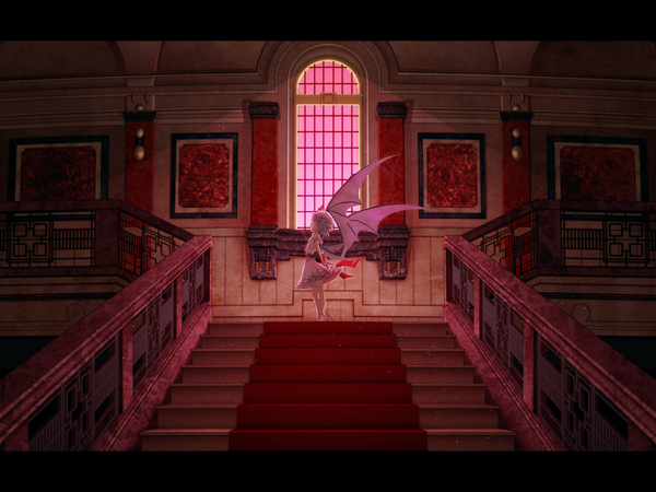 Anime picture 3600x2700 with touhou remilia scarlet kujira-kousen single looking at viewer fringe highres short hair smile red eyes absurdres silver hair indoors profile pointy ears from below bat wings girl dress bow