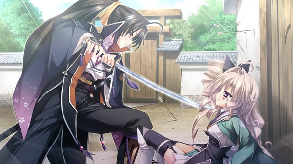 Anime picture 1280x720 with appare! tenka gomen katagiri hinata long hair black hair blonde hair wide image purple eyes multiple girls yellow eyes game cg ponytail traditional clothes loli drill hair girl weapon 2 girls sword katana