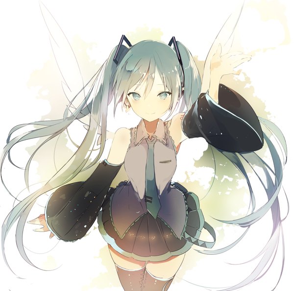 Anime picture 900x890 with vocaloid hatsune miku lpip single looking at viewer blush fringe smile hair between eyes white background twintails bare shoulders pleated skirt arm up aqua eyes aqua hair wide sleeves tattoo outstretched arm spread arms