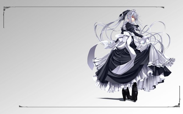 Anime picture 1920x1200 with single long hair looking at viewer highres red eyes wide image silver hair maid high heels girl headdress maid headdress