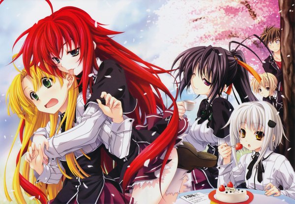 Anime picture 8310x5742 with highschool dxd rias gremory himejima akeno asia argento toujou koneko miyama zero long hair highres short hair open mouth blue eyes black hair blonde hair red eyes brown hair multiple girls brown eyes green eyes absurdres white hair