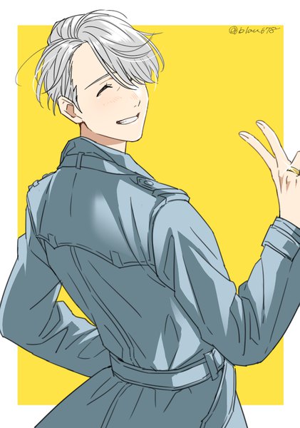 Anime picture 784x1118 with yuri!!! on ice mappa viktor nikiforov natsuko (bluecandy) single tall image fringe short hair simple background smile silver hair eyes closed from behind hair over one eye sparkle turning head victory ^ ^ yellow background boy