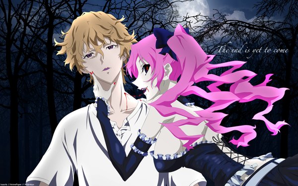 Anime picture 1920x1200 with shiki mutou tohru shimizu megumi long hair highres short hair brown hair wide image pink hair nail polish night couple girl dress boy gloves tree (trees) elbow gloves forest