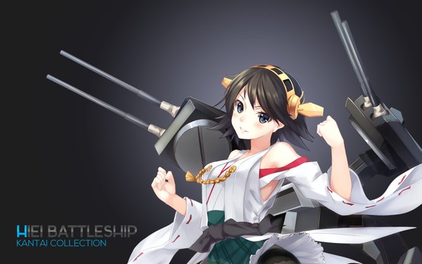 Anime picture 1920x1200 with kantai collection hiei battleship assassinwarrior zi se single looking at viewer fringe highres short hair breasts blue eyes black hair smile traditional clothes light smile wide sleeves wallpaper nontraditional miko girl