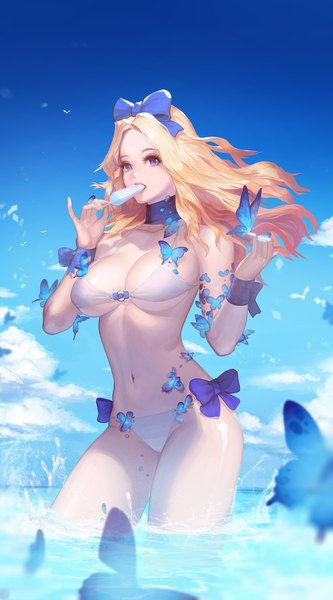 Anime picture 1111x2000 with original instant-ip single long hair tall image looking at viewer breasts open mouth blue eyes light erotic blonde hair large breasts standing bare shoulders holding sky cloud (clouds) sunlight bare legs bare belly
