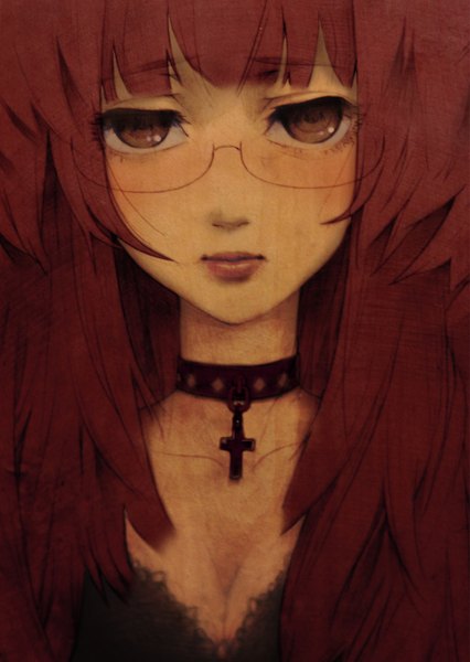 Anime picture 1240x1748 with original tagme (artist) single long hair tall image looking at viewer fringe brown eyes red hair close-up girl choker glasses cross cross necklace