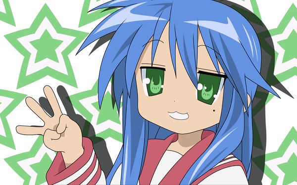 Anime picture 1920x1200 with lucky star kyoto animation izumi konata single long hair looking at viewer fringe highres hair between eyes green eyes blue hair upper body mole shadow mole under eye girl star (symbol)