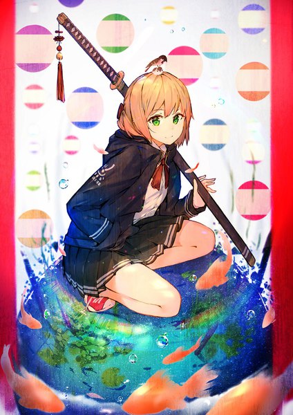 Anime picture 745x1053 with original enj! single tall image looking at viewer blush short hair blonde hair smile holding green eyes bent knee (knees) pleated skirt squat hand in pocket sheathed weapon over shoulder animal on head bird on head girl