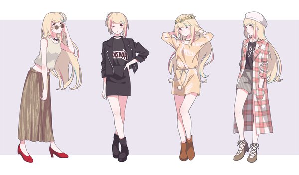 Anime picture 1800x1055 with original vocaloid fashion kiru (vocaloid) aiko (aiko 54) long hair fringe highres blonde hair simple background wide image bare shoulders yellow eyes full body profile one eye closed sunlight mole open jacket hand on hip mole under eye