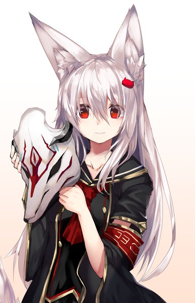 Anime picture 1317x2047 with original haik single long hair tall image fringe simple background hair between eyes red eyes animal ears silver hair upper body light smile fox ears gradient background fox girl girl hairclip mask